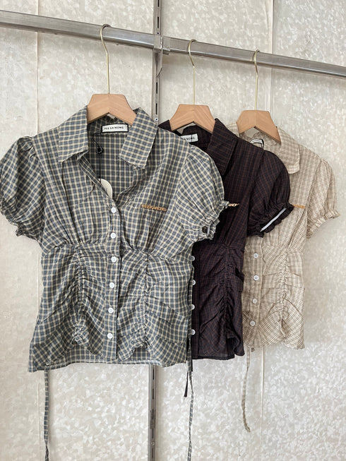 Checker Collar Down Fitted Tops